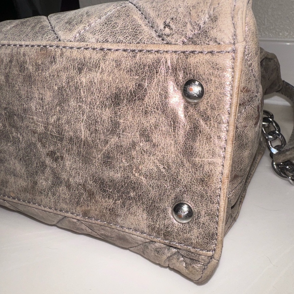 Michael Kors Silver Tan Quilted Satchel GUC - Picture 10 of 13